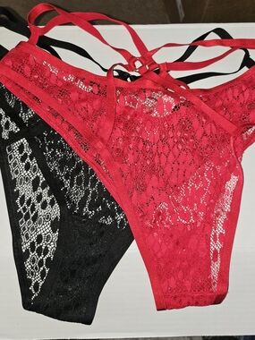 Victoria's Secret Red & Black Lace Strappy Thong Set
